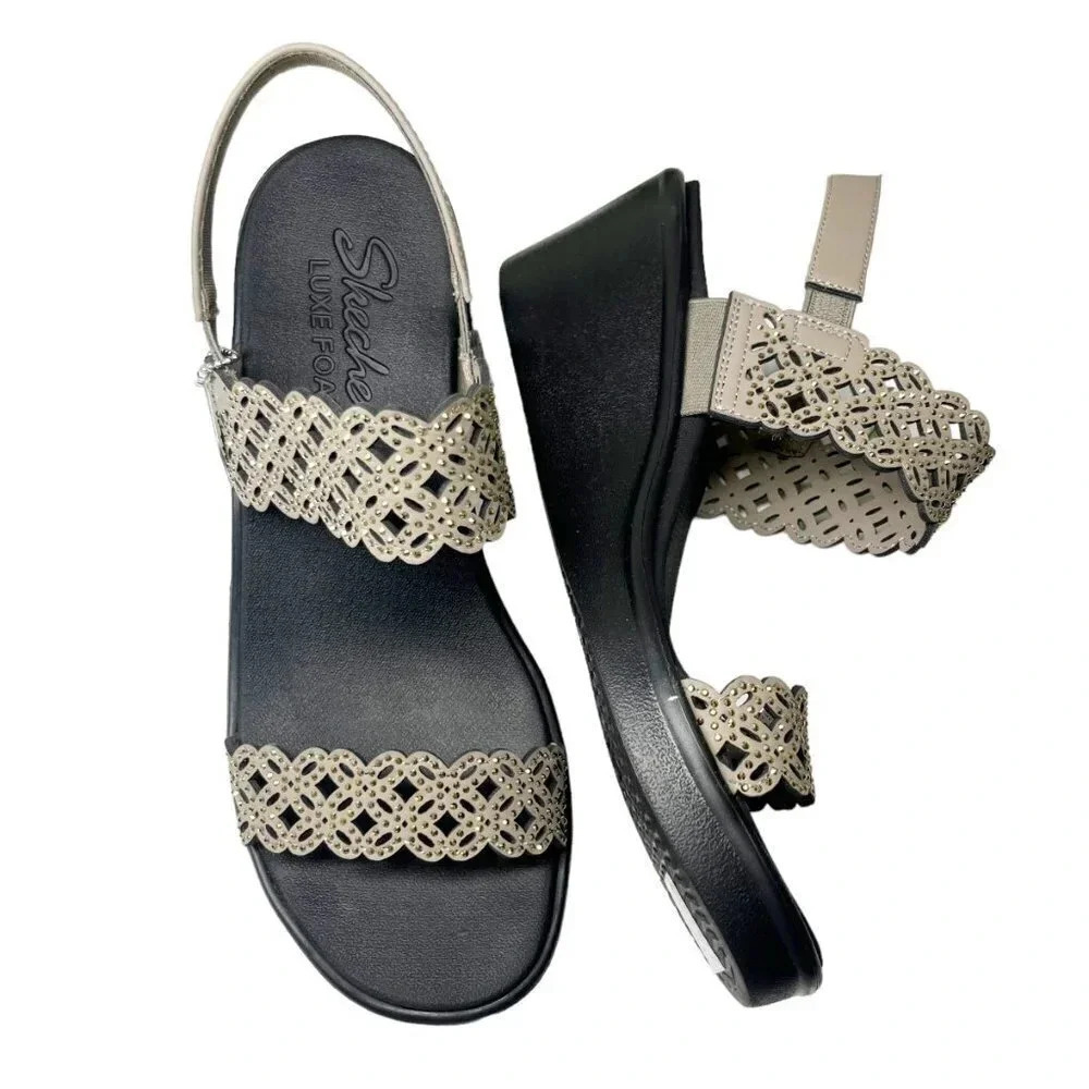 Skechers Black & Gold Sparkle Vegan Strappy Lightweight Wedges Women's Size 10